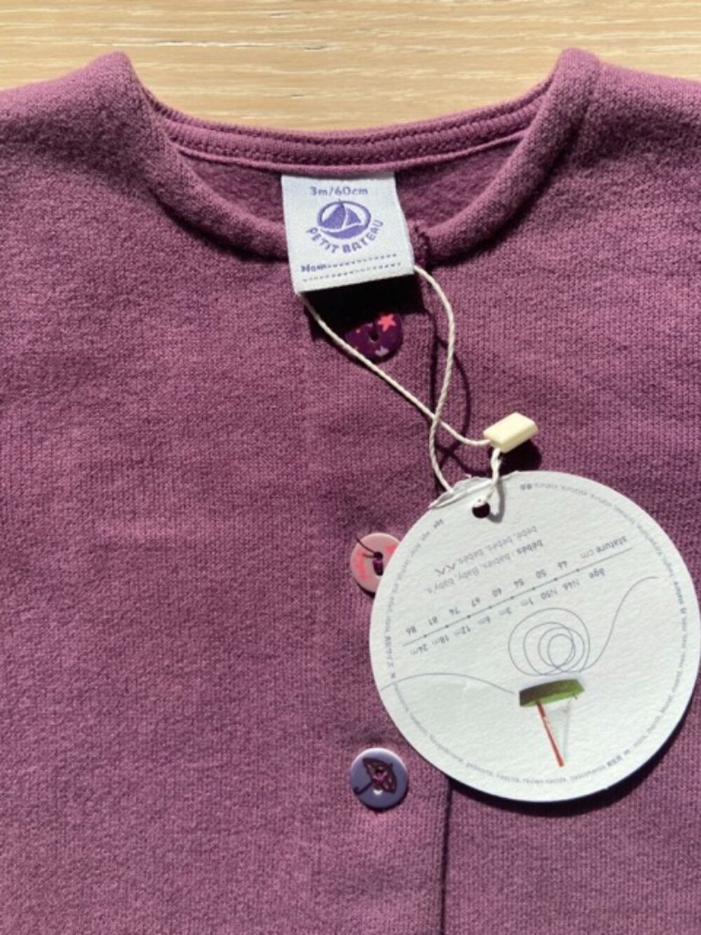 Petit Bateau, Baby 3 months old, purple cotton cardigan, new